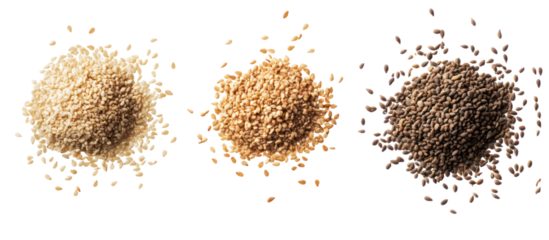 Three piles of sesame seeds caraway seeds and watermelon seeds on transparent background