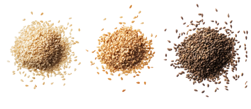 Three piles of sesame seeds caraway seeds and watermelon seeds on transparent background