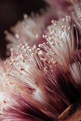 Ethereal Macro of Delicate Pink Floral Filaments Glistening in Soft Light.