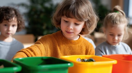 Children learning recycling with color bins