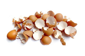 Broken egg shells on white background.