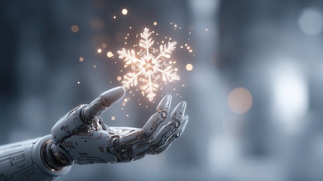christmas future A robotic hand holding a glowing snowflake in a futuristic setting.