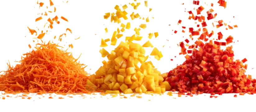 Three piles of colorful puffed snacks falling isolated on transparent background