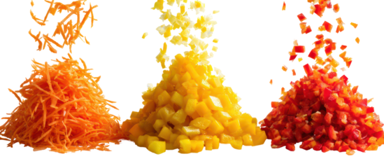 Three piles of chopped vegetables falling isolated on transparent background