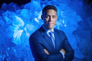 Confident Businessman in Blue Suit Posing Against Ice Background.