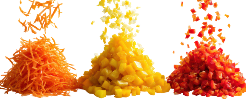 Three piles of chopped vegetables falling isolated on transparent background