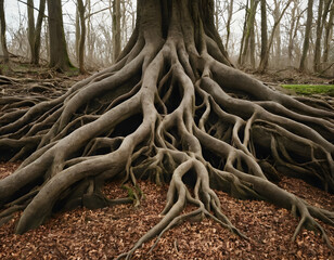 A close up of tree roots that are black and brown. The roots are twisted and gnarled, giving the impression of a tangled mess. Scene is one of mystery and intrigue, tree roots in the ground