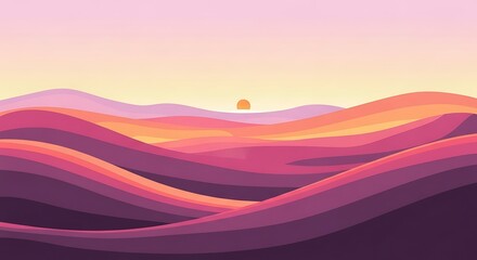 Abstract Sunset Over Rolling Hills: A Minimalist Landscape Art Piece Featuring Warm Colors and Smooth Shapes