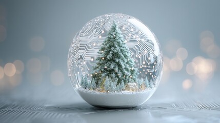 christmas future Snow globe with a circuit tree design and soft bokeh background.