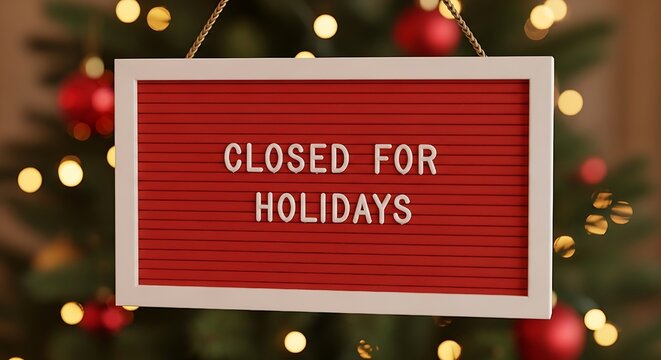 Closed for holidays sign board with festive decor perfect for business, retail store, office Christmas and New Year holidays amidst seasonal greenery and holiday cheer