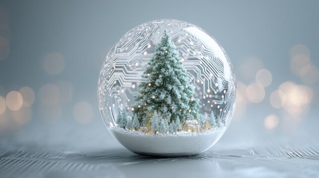christmas future Snow globe with a circuit tree design and soft bokeh background.