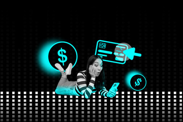 3d image pop contemporary photo collage of happy businesswoman freelancer hold phone receive capital income dollar coin success