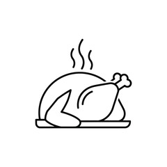 Black line art of a roasted chicken with steam on a platter