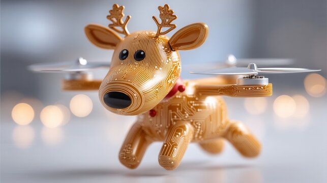 christmas future A robotic reindeer with circuits and drone propellers hovering in the air.