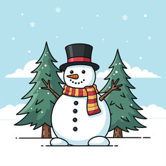 Cartoon snowman with top hat and scarf in snowy forest