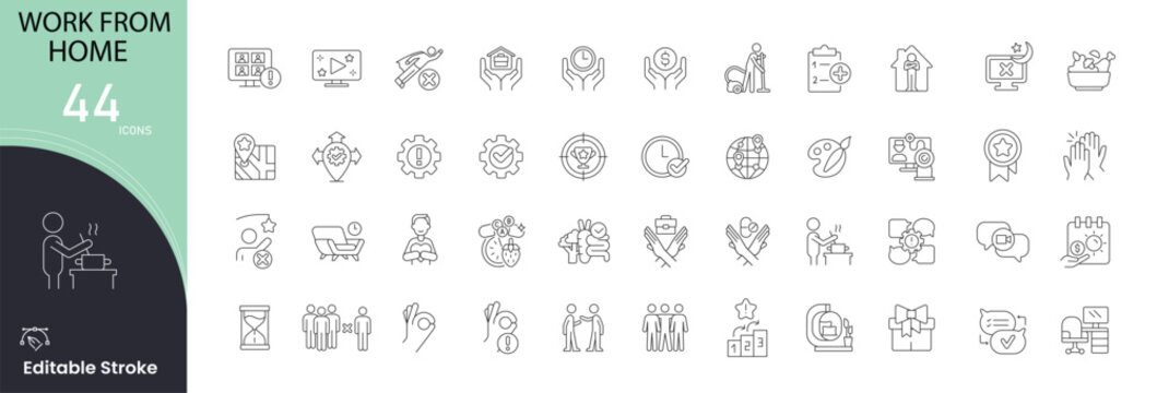 Work From Home icons set. Includes icons for remote work, laptop, home office, communication, productivity, virtual meeting, internet,and workflow.  Editable stroke.