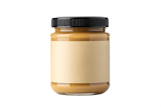 Jar of creamy peanut butter with blank label for branding