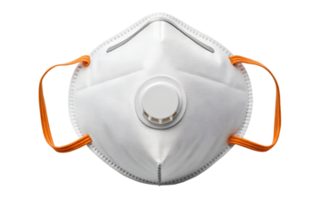 White protective respirator face mask with an exhalation breathing valve and orange straps for filtering airborne particles, isolated on a white background