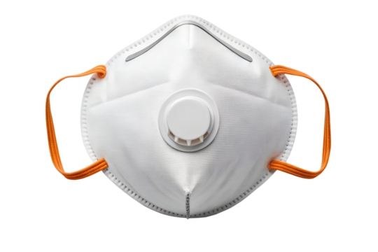 White protective respirator face mask with an exhalation breathing valve and orange straps for filtering airborne particles, isolated on a white background