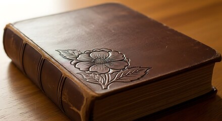 Antique Leather Book with Flower Embossing: A Classic Text in Dark Brown Tones on a Wooden Surface.