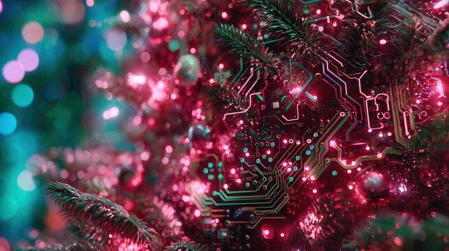 christmas future Digital Christmas tree with circuit patterns and colorful bokeh lights.