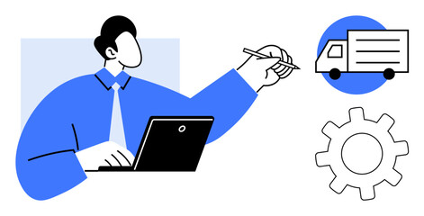 Professional working on laptop with gear and delivery truck icons. Ideal for logistics, supply chain, planning, transport, efficiency, business, workflow visuals. Simple flat metaphor
