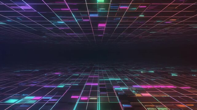 Abstract Digital Grid Network Loop with Glowing Neon Lights and Data Flow.