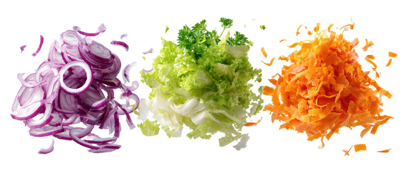 Pile of shredded carrots lettuce and sliced red onion isolated on transparent background - Powered by Adobe