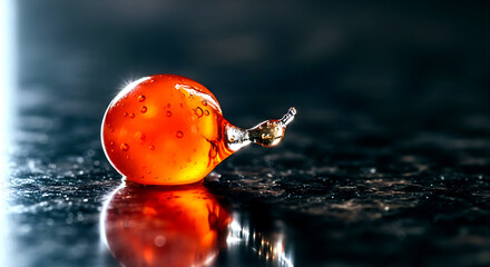 salmon roe (ikura) bursting open, capturing the precise moment when the thin membrane breaks and liquid begins to spill out, against a dark granite background