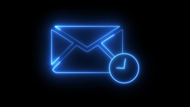 glowing neon mail envelope with clock icon animation on black background. Email scheduled for automatic delivery. mail envelope with a clock icon.