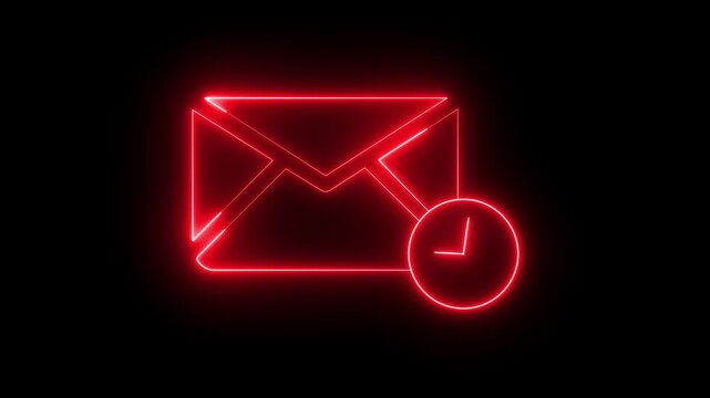 glowing neon mail envelope with clock icon animation on black background. Email scheduled for automatic delivery. mail envelope with a clock icon.