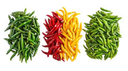 Three bunches of fresh green and red chili peppers isolated on transparent background