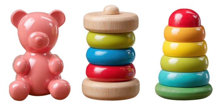 Wooden Toys and Pink Teddy Bear on Transparent Background