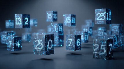 christmas future Digital cubes with numbers glowing in a dark space.