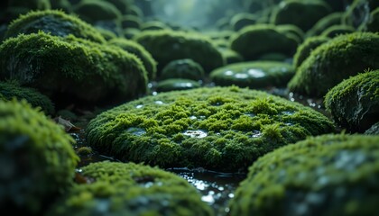 Moss-Covered Stones in Lush Forest Stream
