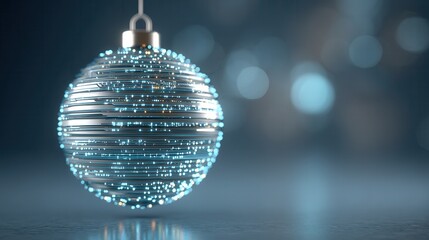Obraz premium christmas future Shimmering silver ornament with soft blue bokeh background.