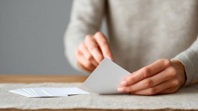 Close-up of person holding and sorting blank white cards on a textured surface with neutral background and casual clothing