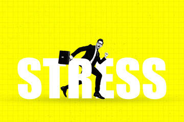Contemporary trendy pop artwork collage of puzzled man run work stress unemployment problem collapse depression mood workload