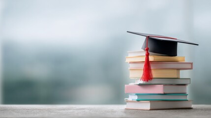 A black graduation cap with a red tassel rests atop a vibrant stack of books. The minimalist studio environment and soft lighting create a serene atmosphere, highlighting educational achievement