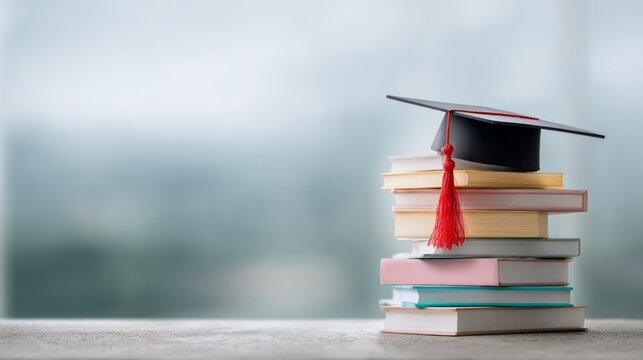 A black graduation cap with a red tassel rests atop a vibrant stack of books. The minimalist studio environment and soft lighting create a serene atmosphere, highlighting educational achievement