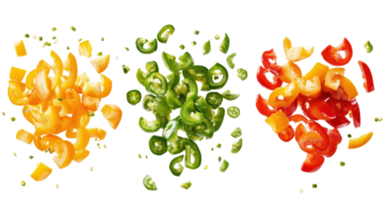 Three piles of chopped bell peppers red yellow and green isolated on transparent background