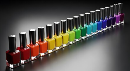 Colorful Nail Polish Bottles Arranged in Rainbow Spectrum, Beauty and Fashion Concept on Reflective Surface.