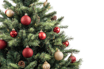 Christmas Tree Decorated with Red and Gold Ornaments on Transparent Background