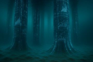 Futuristic digital pillars rising in dark atmospheric environment, data visualization structures with glowing analytics graphs creating immersive cyber landscape concept highlighting technology and in