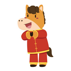 Happy Chinese new year 2026 greeting card with cute horse wear red costume. Animal zodiac cartoon character. Year of Horse character design. Horse cartoon character isolated.