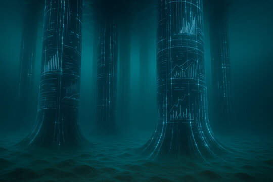 Futuristic digital pillars rising in dark atmospheric environment, data visualization structures with glowing analytics graphs creating immersive cyber landscape concept highlighting technology and in - Powered by Adobe
