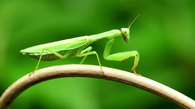 Close-up of a vibrant green praying mantis perched on a slender, curved branch, showcasing its intricate details.