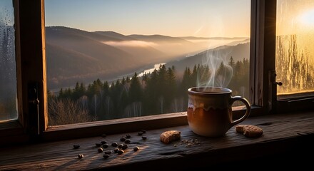 Cozy Morning Still Life: Hot Beverage, Pastries, and Scenic Mountain View Through an Old Window Frame.