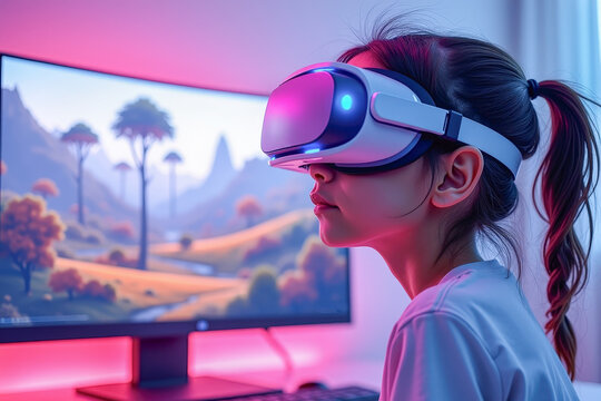 Girl enjoys vibrant virtual reality experience, surrounded by neon lights and futuristic city vibes
