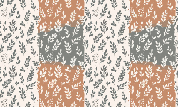 Seamless Botanical Patchwork Pattern, Abstract Vertical Color Block Leaves Vector Background